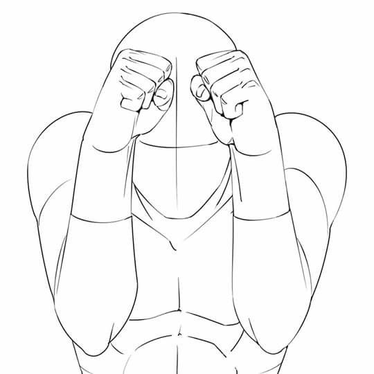 a line art illustration of a male figure, potentially a bodybuilder, with his fists covering his face. the figure is drawn in black and white, with only outlines and no shading. the figure appears to be in a pose of sadness or dejection. the drawing style suggests a focus on the body and form, possibly for artistic or anatomical study.