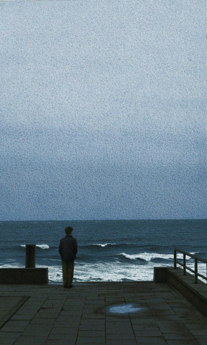 a man stands alone on a stone pier, his back to the viewer, gazing out at a vast, restless sea under a muted, overcast sky. the scene evokes a sense of solitude, contemplation, and the immensity of nature. the color palette is dominated by cool blues and grays, further emphasizing the melancholic mood.
