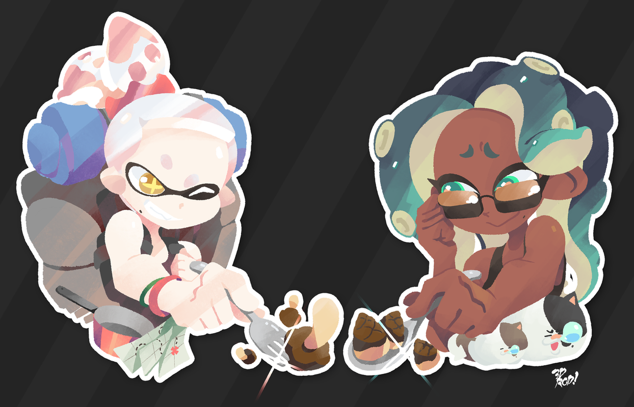 two anime girl characters from the popular video game splattoon are enjoying a meal of chocolate chip cookies. the inkling on the left is wielding a fork and preparing to take a bite. the octoling on the right is holding a fork and looks contemplative as she looks at the cookies in front of her.
