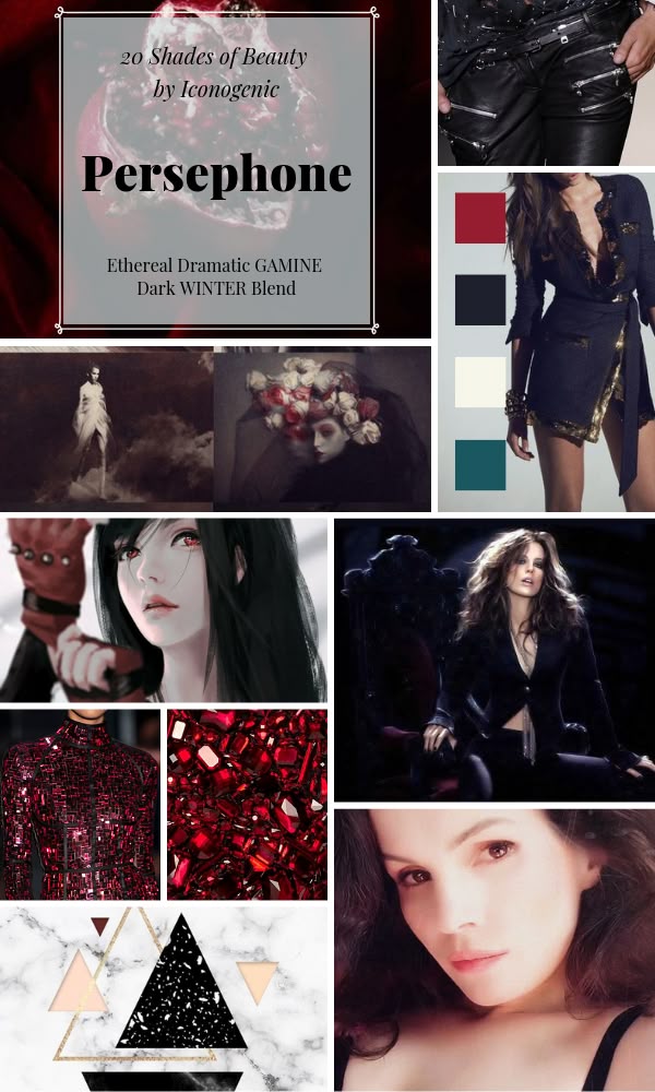 the image is a mood board titled "persephone" from a series called "20 shades of beauty by iconogenic." it is categorized as "ethereal dramatic gamine dark winter blend." the collage consists of various images, including a pomegranate, fashion shots of black and darkcolored clothing, a color palette featuring red, black, white, and emerald green, pictures of women, including one in an ethereal white gown, another with roses, and a closeup portrait. there are also images of rubies and a geometric design with triangles. the overall aesthetic is dark, gothic, and dramatic, with a touch of ethereal beauty.