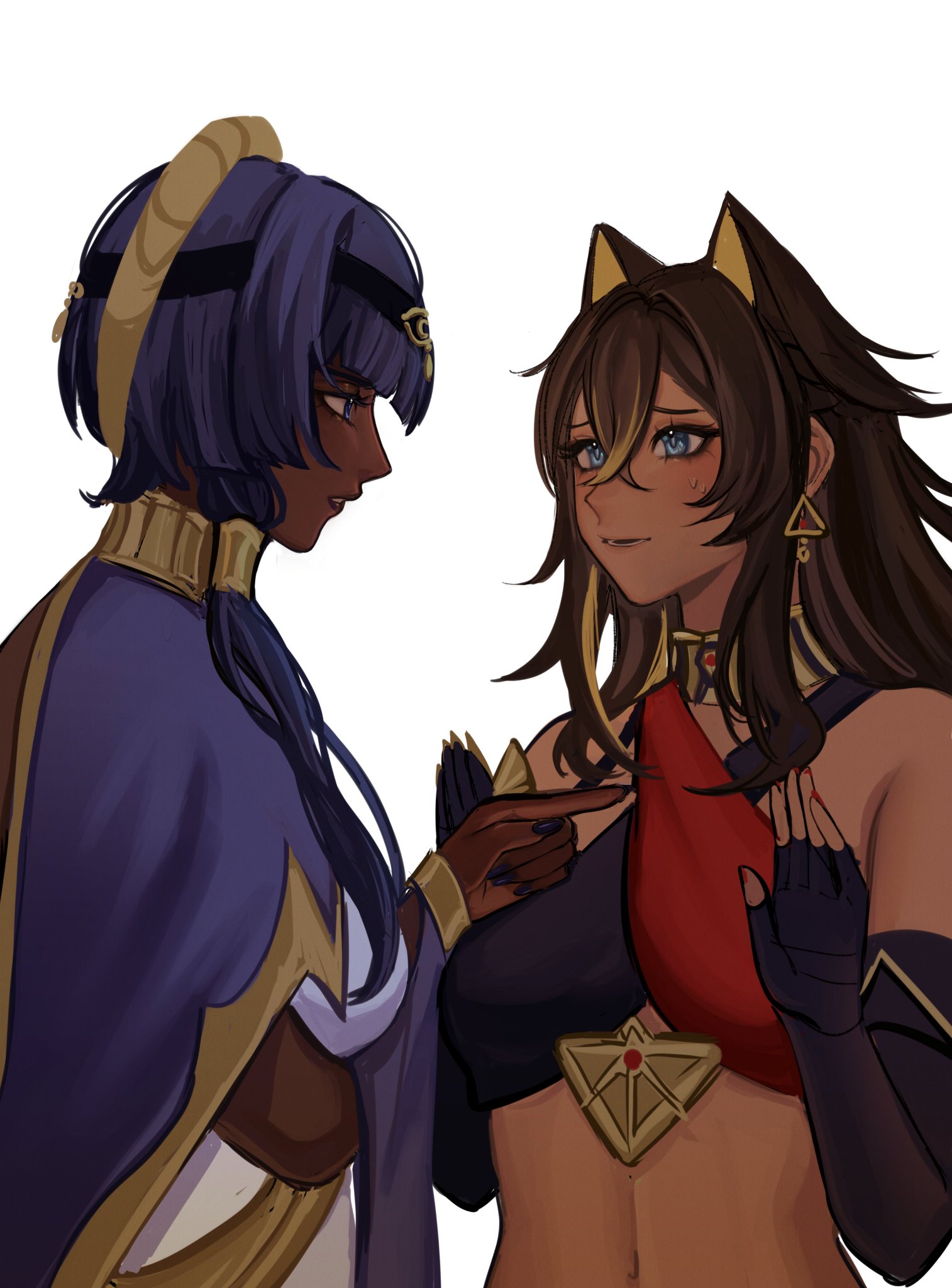 the image is a digital art piece of two anime girls. the girl on the left has blue hair and is wearing a gold and purple outfit. she has brown eyes and a serious expression. the girl on the right has brown hair and is wearing a red and gold outfit. she has blue eyes and a nervous expression. the girls are standing close together and appear to be in a friendly conversation. the image is set against a white background. the art style is bright and colorful.