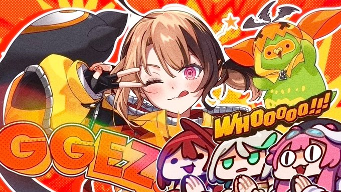 this is a digital fan art drawing of all five members of hololive english  council, a generation of virtual youtubers. from left to right: ouro kronii, nanashi mumei, tsukumo sana, ceres fauna, and hakos baelz. sana is depicted largest, centered, and in the foreground, with one eye closed and two fingers held up in a peace sign. all the other members are drawn smaller and positioned around sana. mumei, kronii, and baelz are depicted as chibi. the characters are drawn in a cartoon style, and the background consists of simple shapes and the word "geez" repeated twice. the image has a bright and colorful palette.