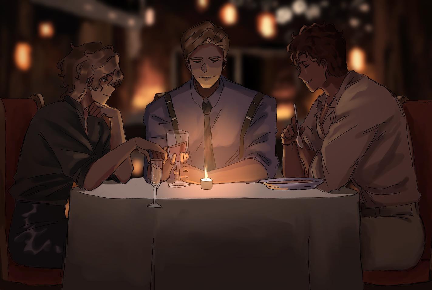 three men are sitting at a table in a dimly lit restaurant.  they are all dressed up and are enjoying a meal together.  the man in the middle is wearing a white shirt and a tie and is looking down at his food.  the man on the left is wearing a black shirt and is looking at the man in the middle.  the man on the right is wearing a light brown shirt and is smiling.  there is a lit candle on the table in front of them.  the atmosphere is romantic and intimate.