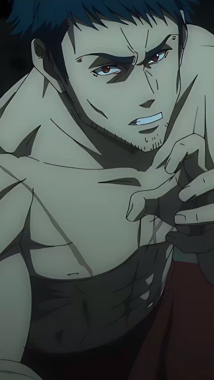 this is a closeup illustration of a muscular man with dark hair and scars on his body. the lighting is artificial, creating a dramatic and intense atmosphere. he appears to be in the midst of a fight or some intense action, as indicated by his posture and expression.