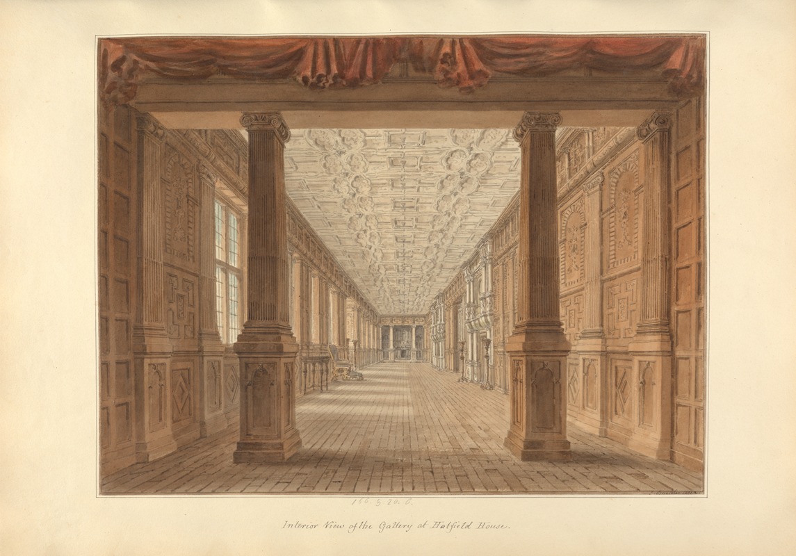 the image is an interior view of a gallery in hatfield house, a stately home in england. the room is long and narrow, with woodpaneled walls and a coffered ceiling. two large columns frame the foreground, and a red drapery hangs above them. windows line the left wall, allowing light to stream into the room. the floor is made of bricks. the architectural style is reminiscent of the georgian era. the perspective draws the eye down the length of the gallery, creating a sense of depth.