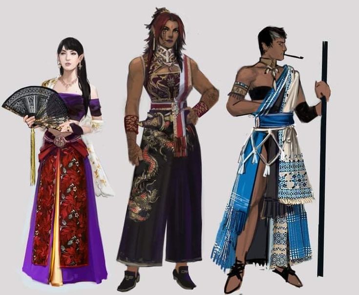 this is an illustration of three characters in elaborate costumes. the woman on the left wears a purple and red dress with ornate gold details and a feathered fan. the woman in the center wears a black and gold outfit with a flowing skirt and intricate details. the man on the right wears a blue and white skirt with a white turban and a staff. they are all posed in a dramatic way, as though they are about to embark on an adventure.  the illustration is very detailed and colorful, with a sense of fantasy and wonder.