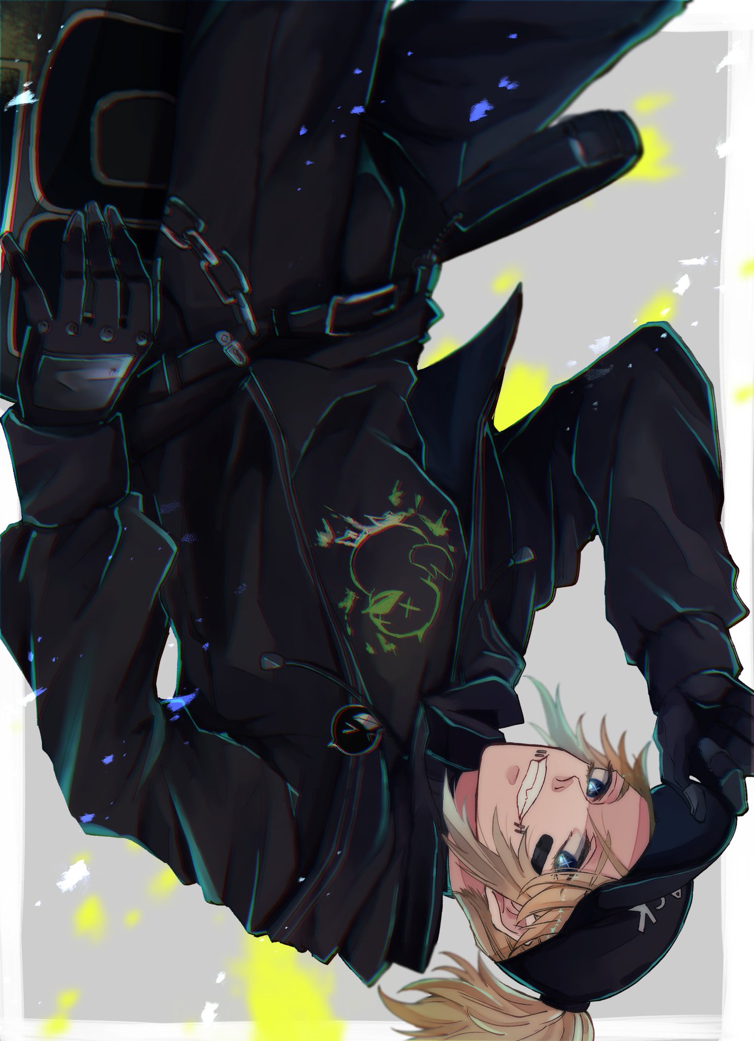 a digital illustration of an anime character with blonde hair and black clothing. they are wearing a black jacket with a green design on the front and a black hat. they are upside down and grinning at the viewer. the background is a gray and yellow pattern.
