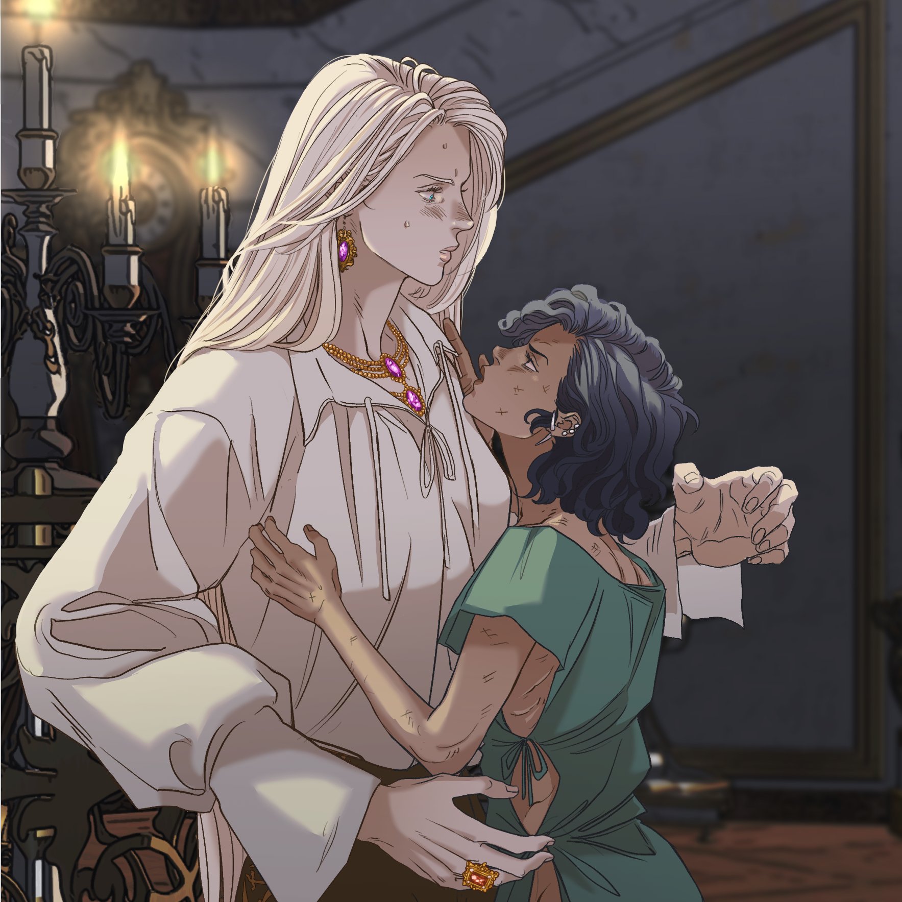 an illustration depicts a scene of tenderness between two females. one figure, taller with long, lightcolored hair, wears a white shirt and ornate jewelry, including a necklace and earrings with pink stones, as well as a large ring. the other figure, smaller with dark hair, is dressed in a green tuniclike garment. they are embracing, with the smaller figure's face close to the taller one's chest. in the background, there's a candelabra with lit candles, suggesting a romantic or intimate setting.