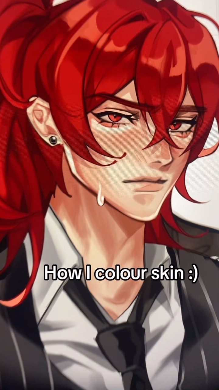 the image is a digital drawing of an animestyle male character with bright red hair and eyes. he appears to be slightly flushed and has tears running down his cheeks. he is wearing a collared shirt and tie, part of a suit. the image is captioned "how i colour skin :)" suggesting that it is a tutorial or example of a skincoloring technique in digital art. the style is highly stylized, with smooth lines and vibrant colors. the overall impression is one of emotion and perhaps sadness or pain.