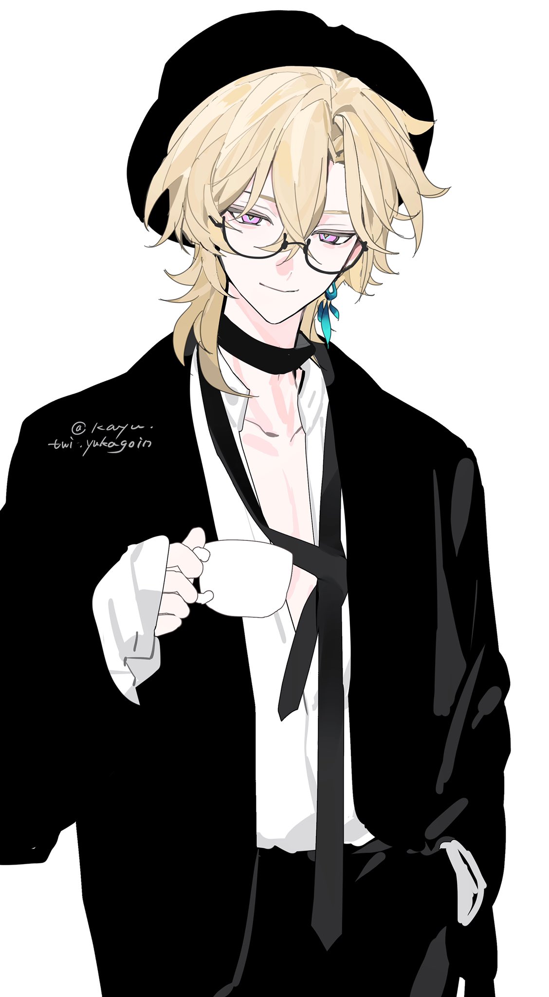 the image is an illustration of an animestyle male character. he has long blonde hair, is wearing glasses, a black hat, a black suit over a white shirt, and a black tie. he appears elegant and stylish, holding a small white coffee cup. the art style is clean and polished, with soft shading and a focus on detail. the overall mood is calm and sophisticated. the background is plain white, making the character the clear focus.  there is a watermark/signature in the upper left corner.