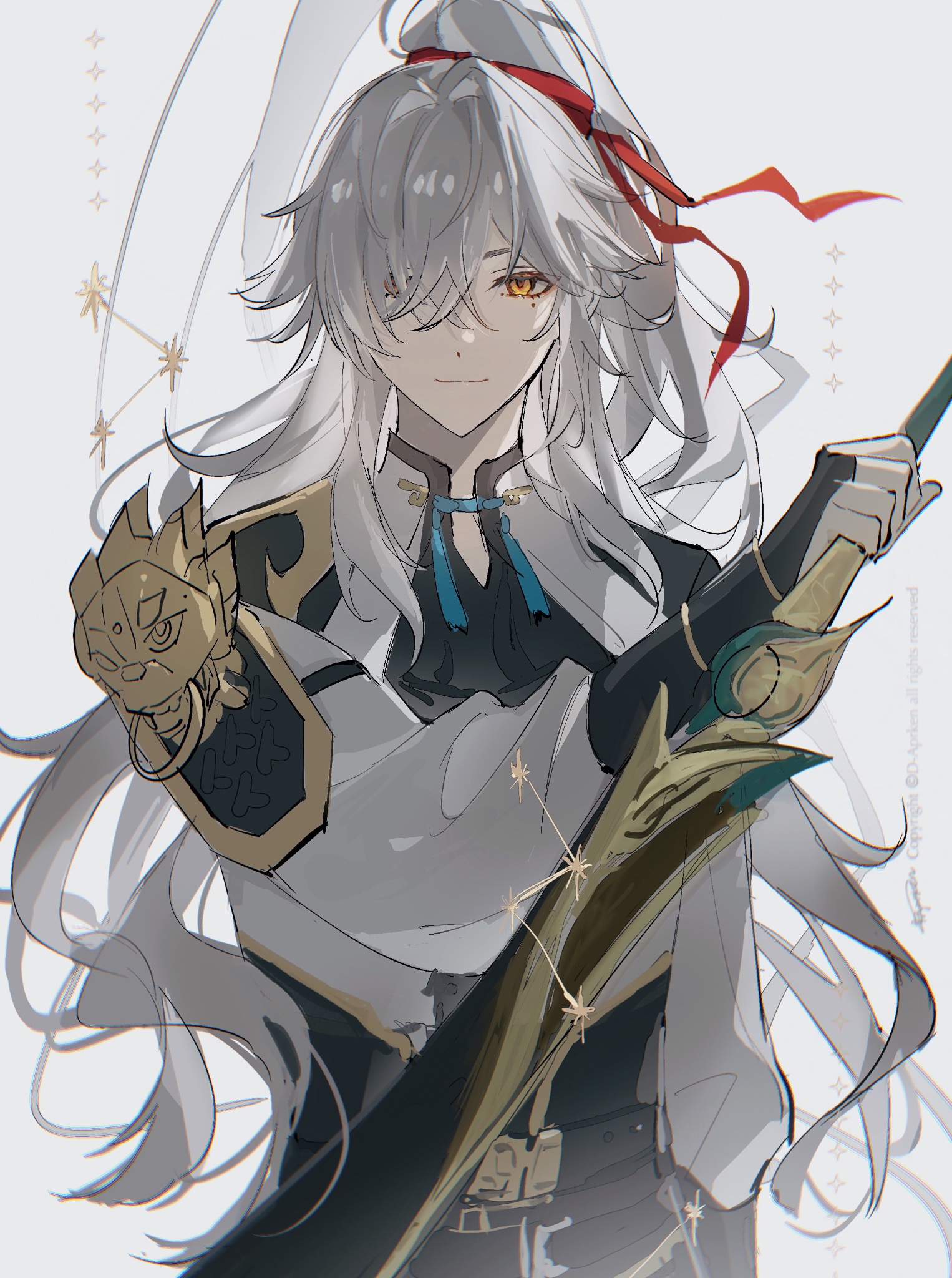 the image is a digital illustration of an anime character. the character is a young man with long white hair tied back with a red ribbon. he is wearing a black and white outfit with gold accents and a sword. the background is white with stars and constellations. the overall style is very detailed and the colors are vibrant and expressive. the character looks to be holding a sword with a hand, and has a smirk on his face.