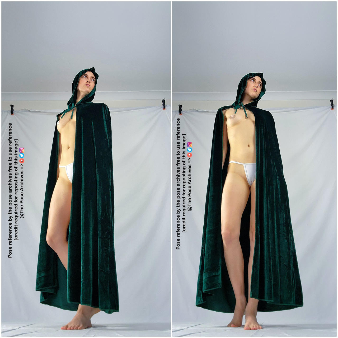 the image is a sidebyside comparison of a woman modeling a green velvet cloak. she is wearing a white thong and her hair is pulled back. the background is a white sheet and the lighting is from a studio setup.