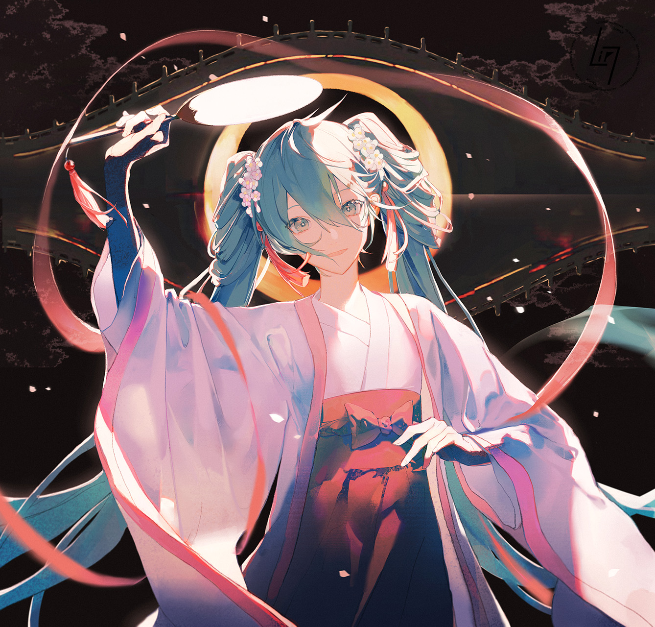 the image is a vibrant digital painting of hatsune miku, a popular japanese virtual singer. she is depicted in a flowing, pale pink and white kimono with a darker red obi (sash).  her signature long, teal twintails are adorned with small white flowers.  miku is gracefully holding a long, thin ribbon that curves and wraps around her, resembling a stylized eye or celestial body with a glowing center. the background is dark and moody, contrasting with the bright colors of her clothing and hair. the overall style is elegant and mystical, suggesting a fantastical or supernatural setting. the artwork is highly detailed, showcasing a sophisticated level of digital painting skill.