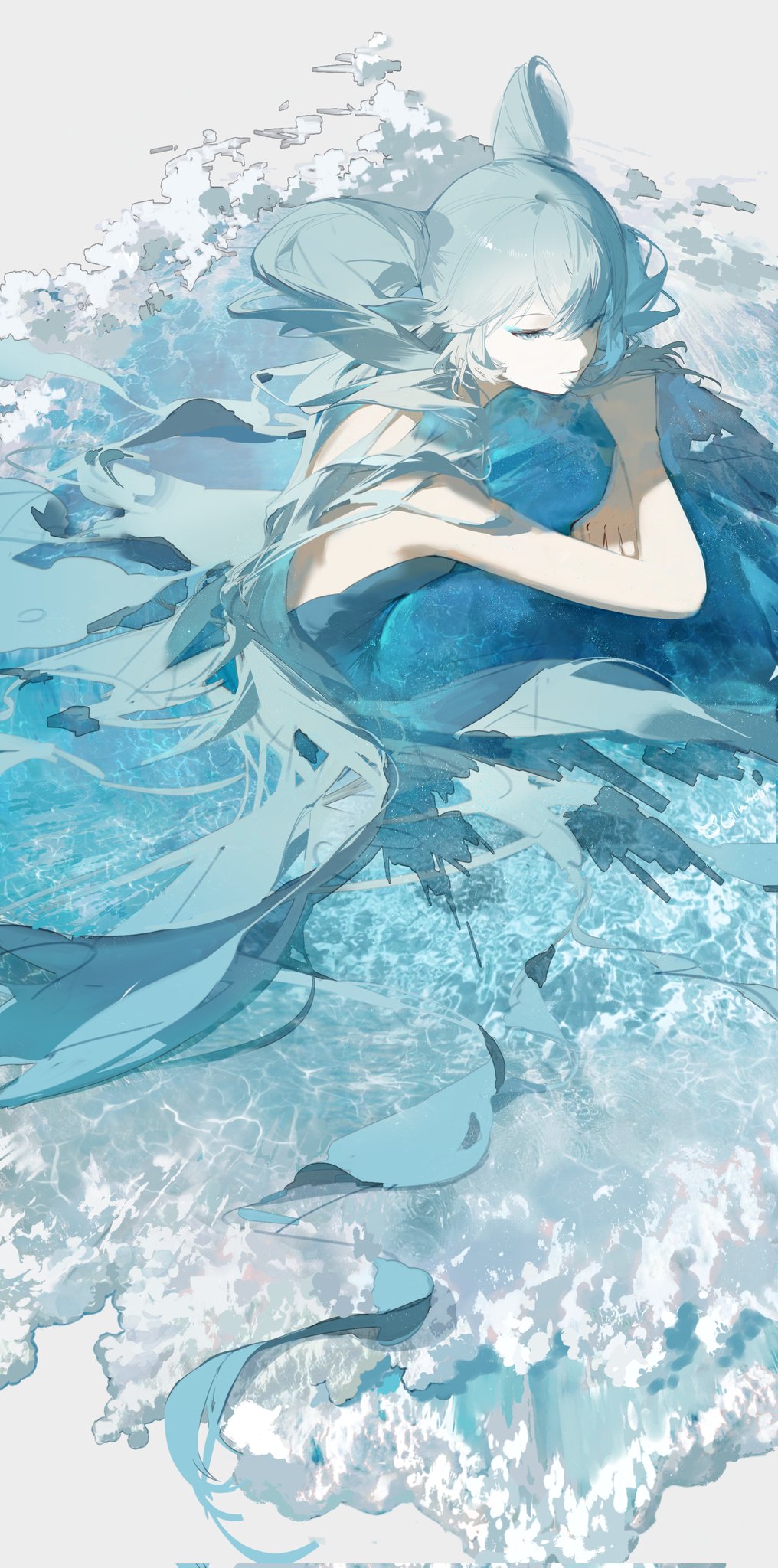 he image is a digital painting or illustration of an animestyle female character. she has long, flowing light blue hair that blends seamlessly with the surrounding water. she is depicted in a serene and peaceful pose, resting or sleeping in the water, which is rendered with a soft, dreamy quality. the overall color palette is predominantly light blue and white, creating a calming and ethereal atmosphere. the artist has skillfully blended the figure with the water, creating a feeling of unity between the character and her environment. the style is highly artistic and stylized, with a focus on creating a mood and atmosphere rather than strict realism.