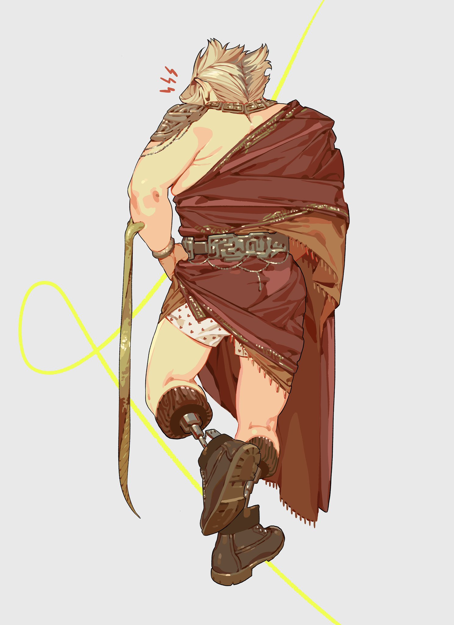 an animestyle man stands with his back to the viewer. he has blonde hair and is wearing a red robe. he is missing one leg and has a prosthetic leg with a boot. he is holding a cane and has a tattoo on his upper back. he is also wearing underwear. there are some stylized lines around the figure.