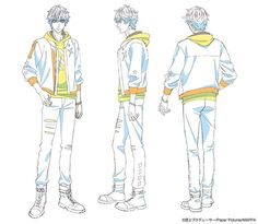 a fashion design reference sheet shows three poses of a young man with spiky hair from the front, side, and back. he is dressed in a white and green jacket, yellow shirt, ripped jeans, and boots.