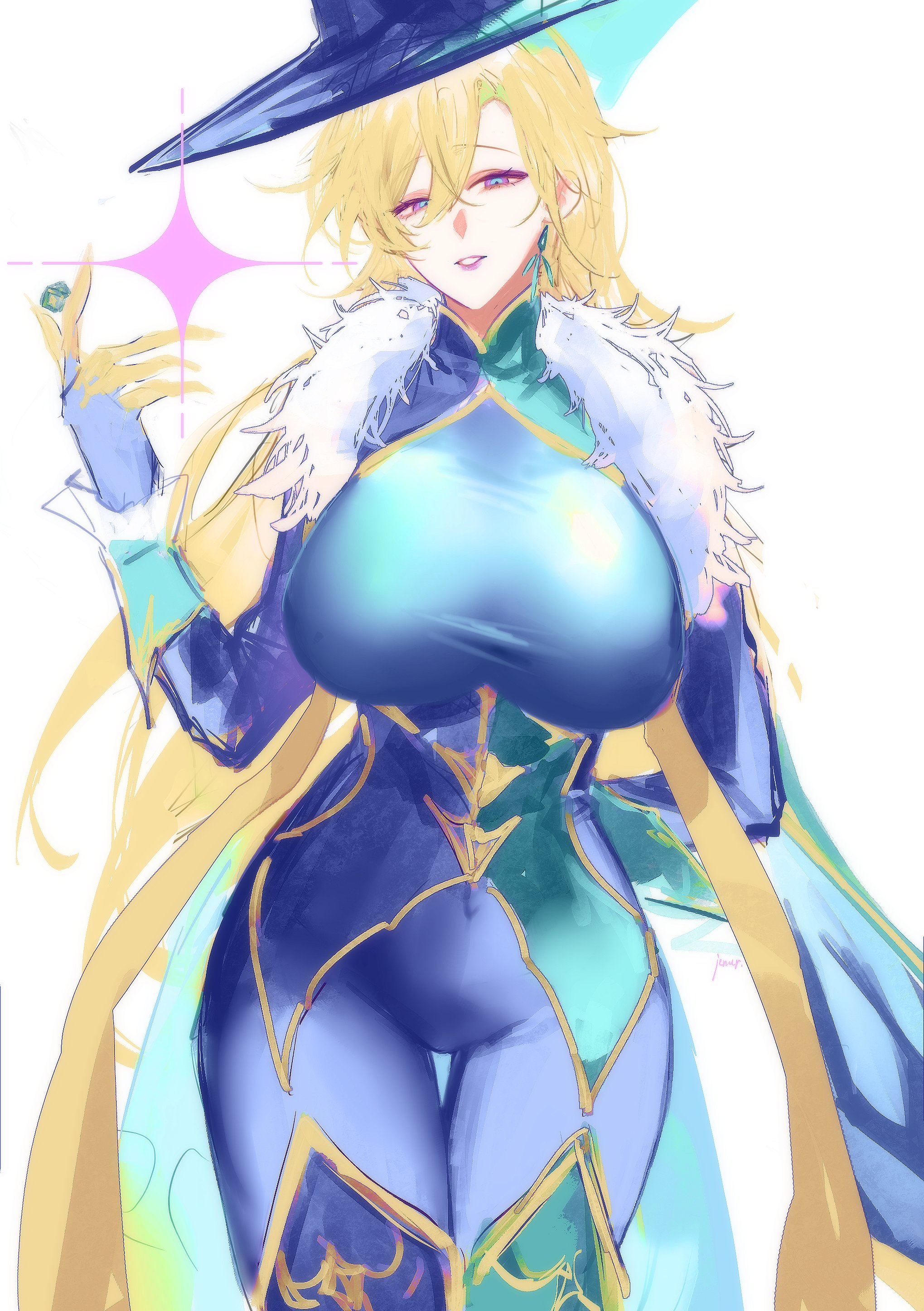 a woman in a fantasy witch outfit is depicted in a colorful, digital art style. she wears a blue and green dress with gold trim, and her long, flowing blonde hair is tied back with a white ribbon. she also wears a hat and has a pink star with a sparkle effect behind her. she has blue eyes and her mouth is slightly open as if speaking. the woman has a bright and cheerful expression and her long eyelashes create a bigeyed anime aesthetic.