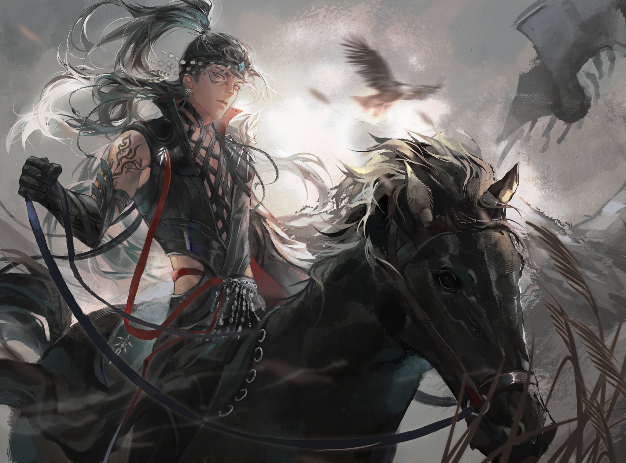 a detailed, digital painting of an anime style male warrior riding a horse. he has long, black hair with streaks of white and blue. he is wearing a black outfit with red accents and is holding the reins of the horse. the background is a soft, hazy landscape with a large, dark mountain in the distance. the sky is full of fluffy white clouds.