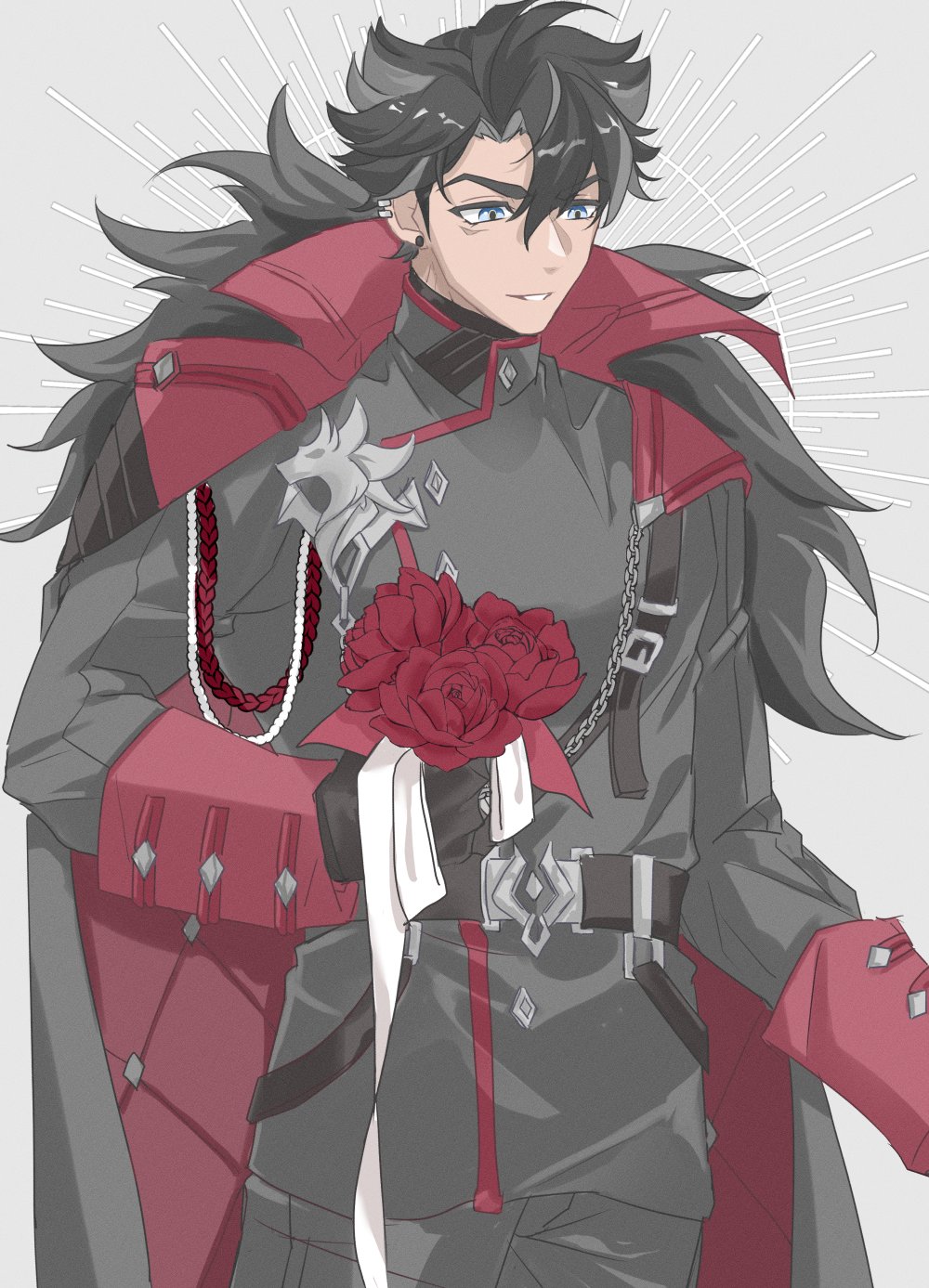 the image shows an anime male character with black hair and blue eyes. he is dressed in a grey military uniform with a red accent color, and a long red coat. he is holding a bouquet of red roses with a white ribbon. he has a serious expression.