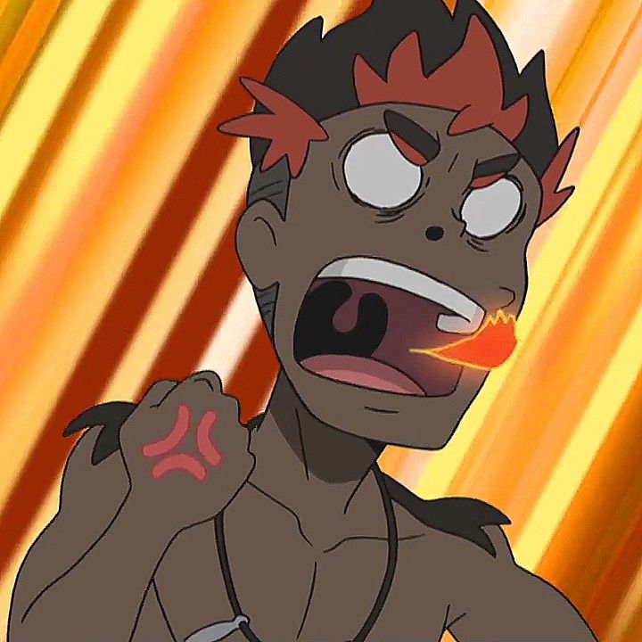 the image features an angry male anime character with red hair and a black body. his mouth is wide open, and his eyes are wide with anger. he is yelling with his mouth open and has a tattoo of an angry face on his arm. he is against a background of orange and yellow stripes.