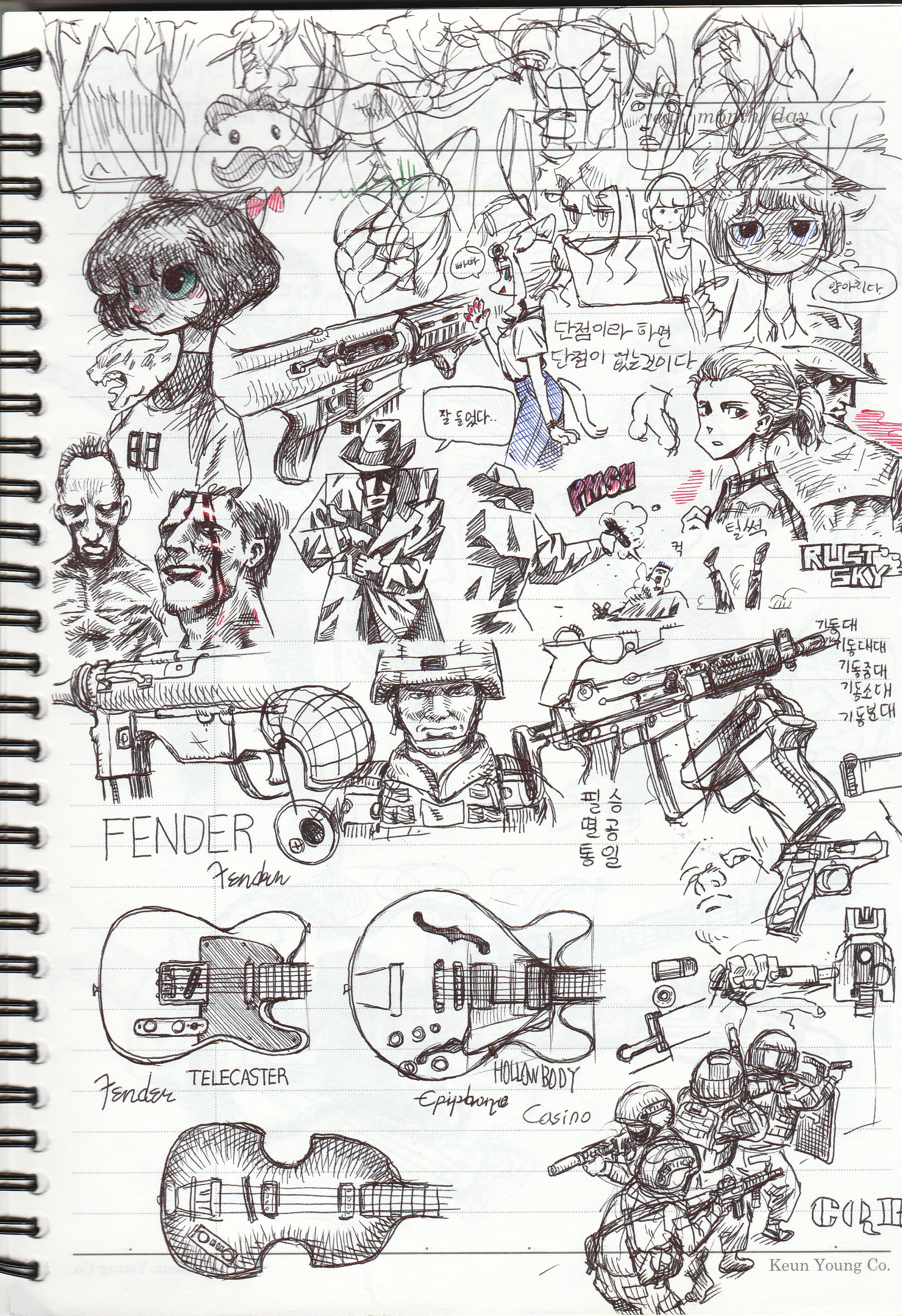 a notebook page filled with drawings, doodles and sketches in pen. there are multiple drawings of guitars including a fender telecaster, a epiphone casino, a violin guitar. there are several drawings of soldiers and weapons, as well as some other random sketches. the drawings are mostly done in black ink and the notebook paper has a faint line pattern.