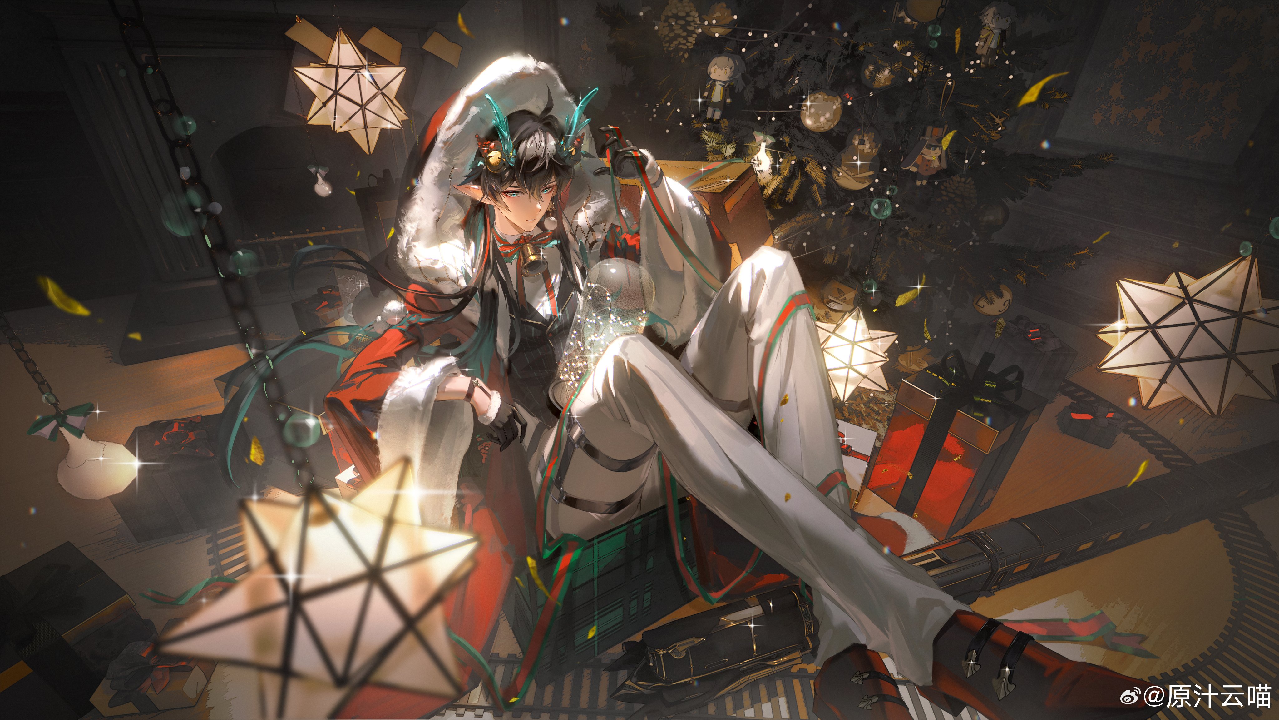 young man in a festive outfit relaxes amidst a pile of wrapped christmas presents. he sits on a platform adorned with a patterned rug, surrounded by warm, ambient lighting emanating from starshaped lanterns. a decorated christmas tree stands in the background, adding to the cozy holiday atmosphere. the low camera angle provides a unique perspective, emphasizing the abundance of gifts and the festive cheer.