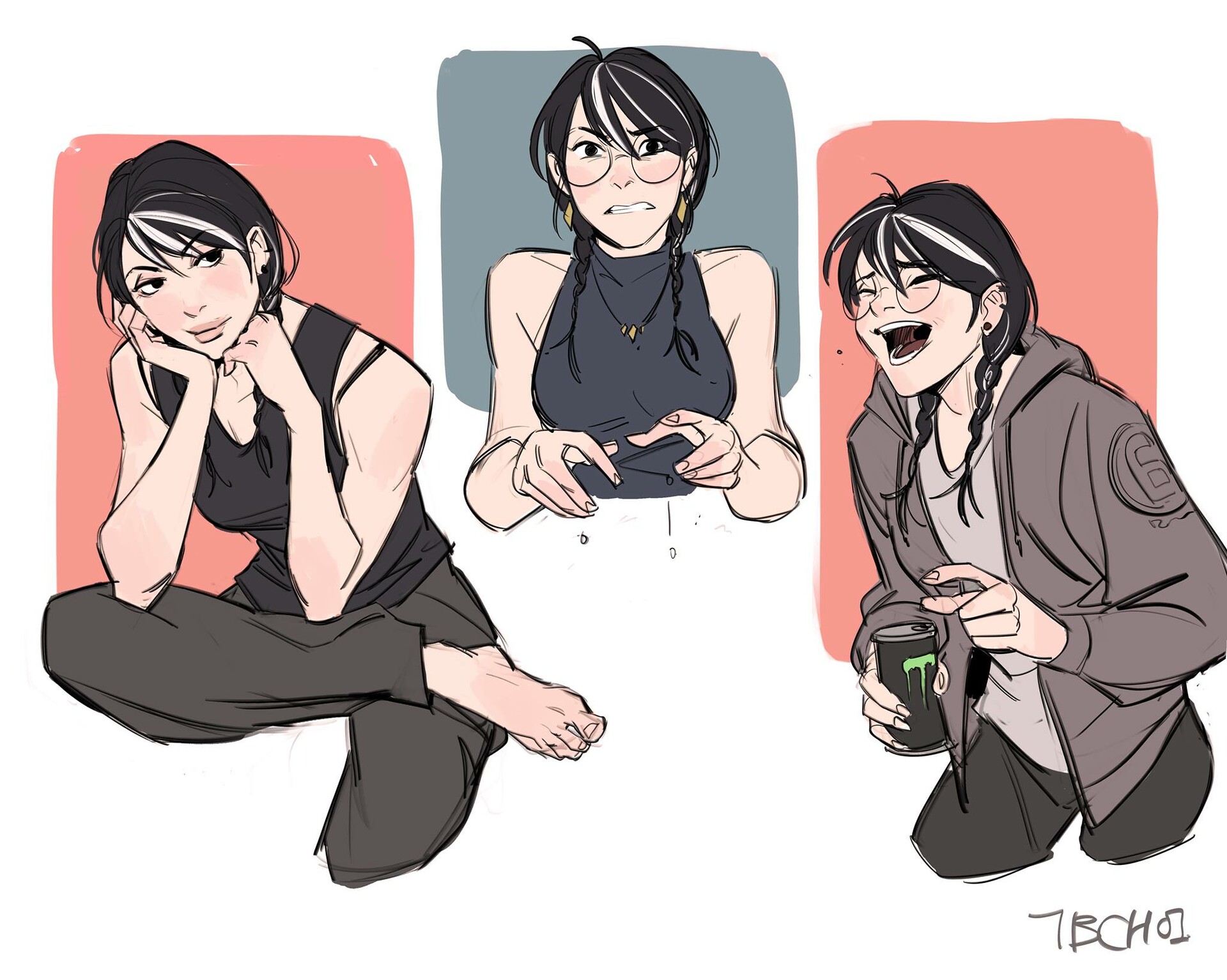 he image contains three sketches of a young woman with black and grey hair styled in braids, wearing glasses.  the sketches showcase different expressions and outfits: one shows a relaxed pose sitting with hands on chin, another shows a slightly annoyed expression with hands clasped, and the third shows a happy expression holding a monster energy drink while wearing a grey hoodie. the style is reminiscent of anime or manga artwork, with loose, expressive lines and shading.  the background features simple colored panels. the artist's signature is visible in the bottom right corner.