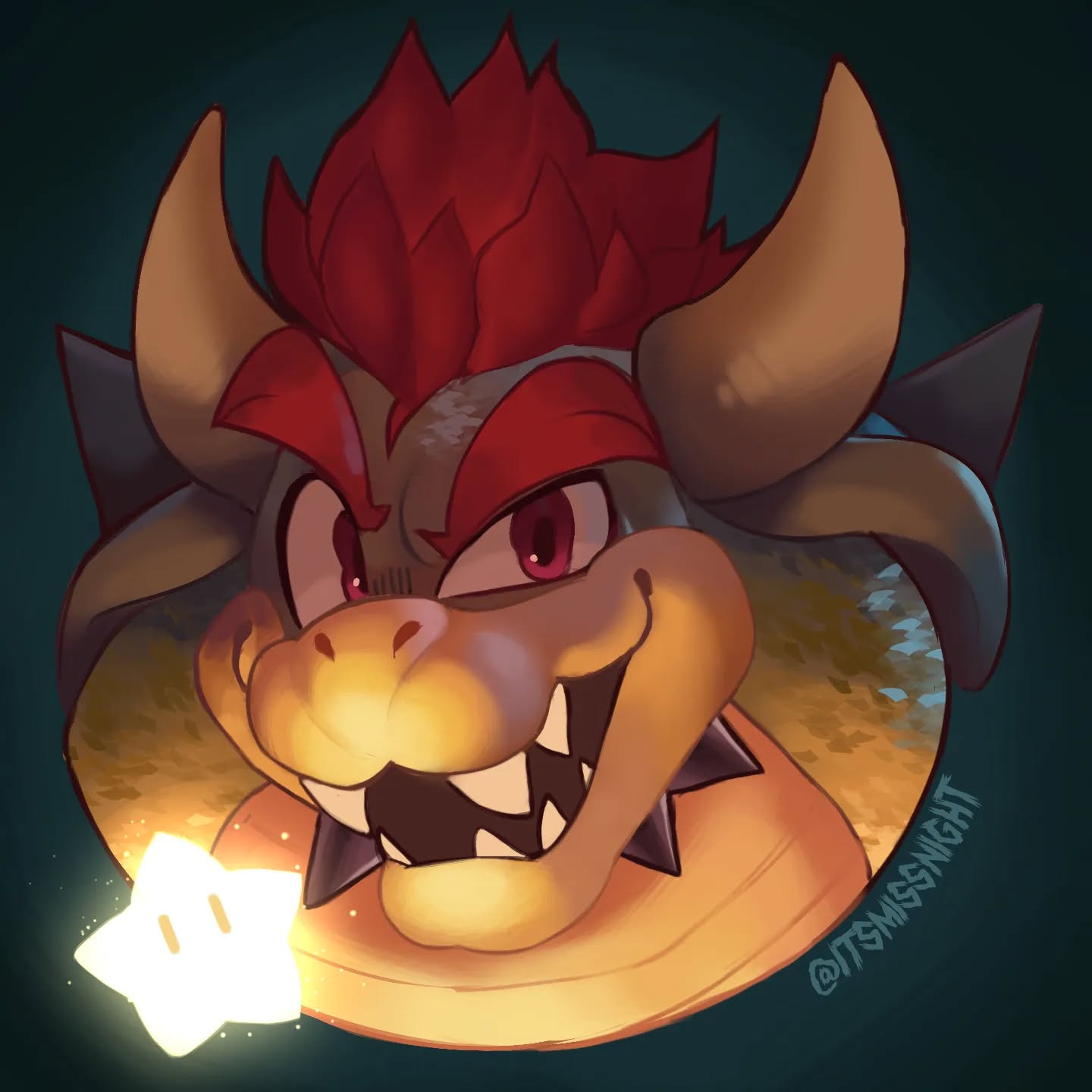 this is a digital fan art illustration of bowser jr. from the super mario series. the artwork depicts bowser jr. in a closeup, almost headandshoulders shot.  he's portrayed in a slightly stylized, cartoonish manner, with exaggerated features like large horns and bright red hair.  his expression is mischievous and happy, and his mouth is open in a cheerful grin, showing his sharp teeth. a glowing super star is shown in the bottom left corner, near his face. the background is dark teal, creating a contrast with the warm colors of bowser jr.'s body. the style is reminiscent of modern digital painting, with noticeable brushstrokes and attention to texture and lighting. the artist's signature "@itsmissnight" is faintly visible in the lower right quadrant.