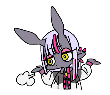 the image showcases a stylized bunny girl character, seemingly annoyed or exasperated, depicted in a cartoonish, animeinspired style. she is letting out a puff of air, suggesting a sigh, with her arms outstretched in a gesture of exasperation. her design features a monochromatic color scheme with accents of pink and purple.