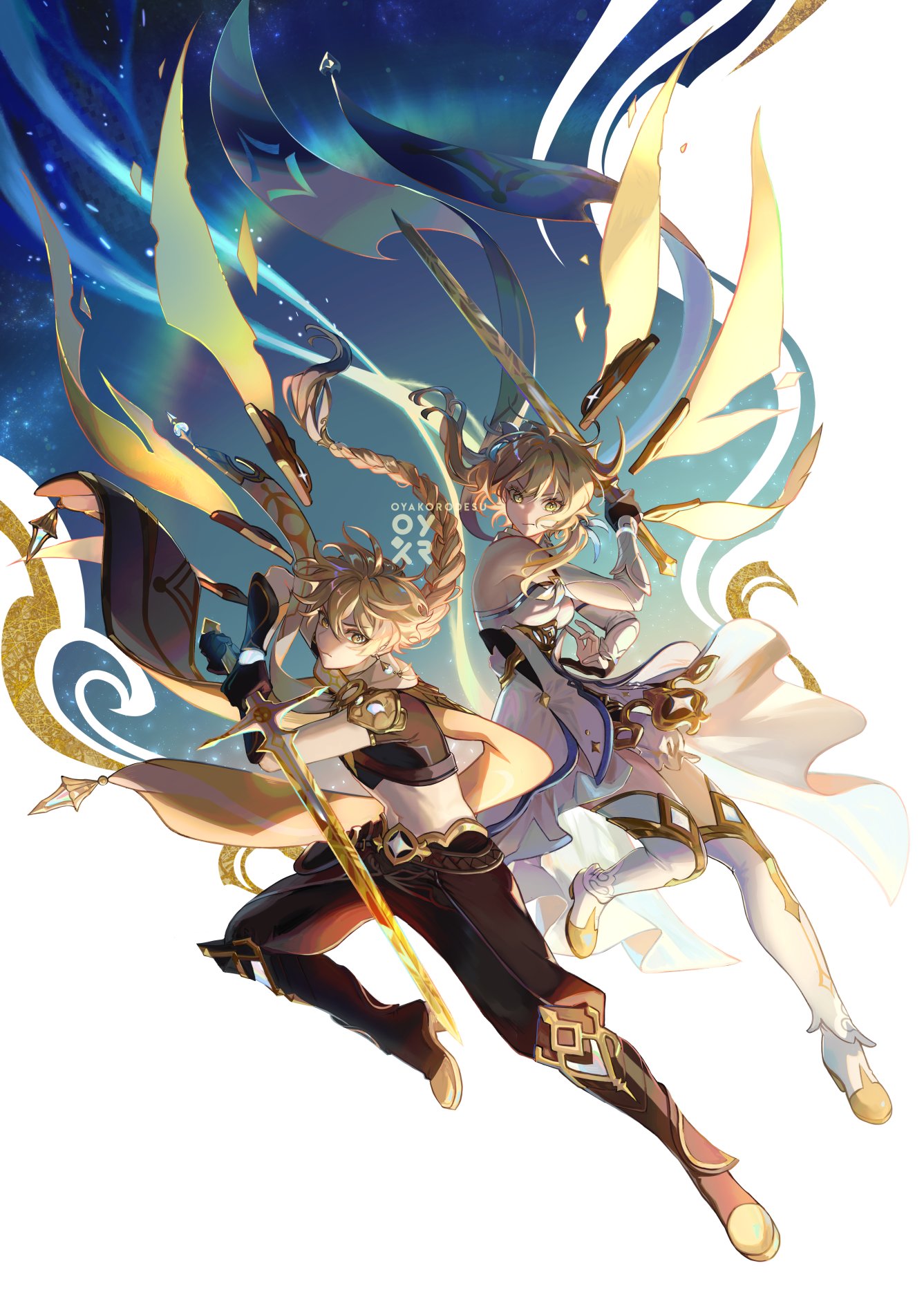 the image is of two female anime characters fighting in a fantasy setting. the characters are both wielding swords and appear to be attacking each other. the background is a swirling  mix of blue, white, and gold, suggesting  they are fighting in the sky or a magical realm. the image is stylized, giving it a dynamic and energetic feel.  the image is likely from a video game, with the characters looking like they are from a popular anime roleplaying game like genshin impact.