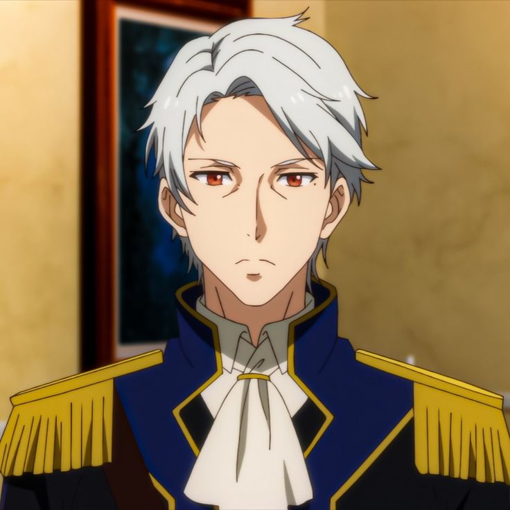 the image features a closeup portrait of an anime boy with white hair and red eyes. he is wearing a dark blue jacket with gold trim and a white shirt. he has a serious expression on his face. the background is blurred and out of focus. the image is likely from an anime series or movie.