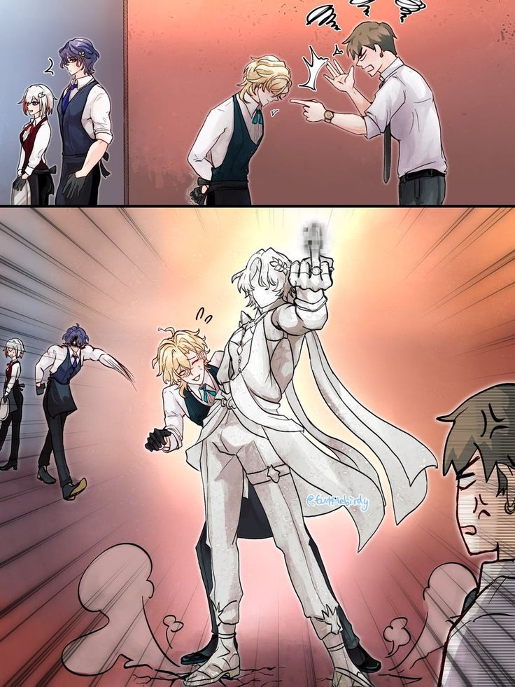 he image is a digital drawing or fanart depicting a dynamic scene with multiple characters.  the style is reminiscent of anime or manga, with expressive characters and exaggerated poses. the upper panel shows a group of characters in what appears to be a restaurant setting, with some characters arguing or expressing frustration. the lower panel focuses on a dramatic action scene, with one character appearing to fire a gun at another, surrounded by an explosion of energy or shockwaves. there's a clear contrast in emotions and events between the two panels, hinting at a narrative unfolding. the art style is detailed, with attention to clothing, hair, and expressions, while the coloring is soft yet vibrant, contributing to the emotional intensity of the piece.