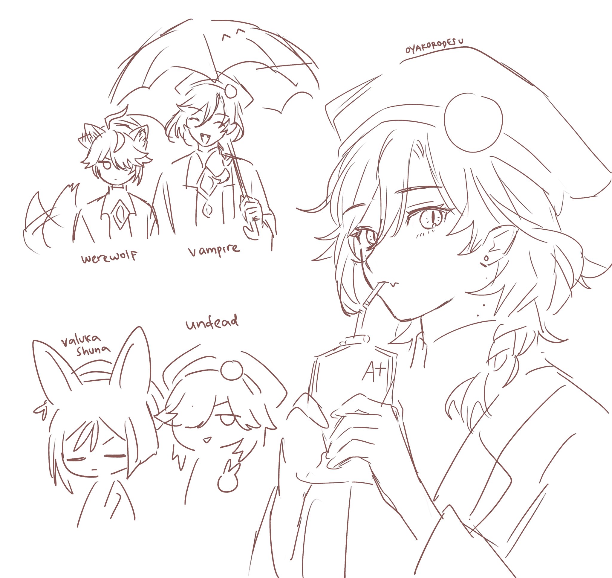this is a digital drawing of five anime characters. the top right character is a girl with long hair, she is wearing a hat and drinking something with a straw. the top left character is a werewolf. the top middle character is a vampire. the bottom left character is a girl with bunny ears and the bottom middle character is an undead girl.