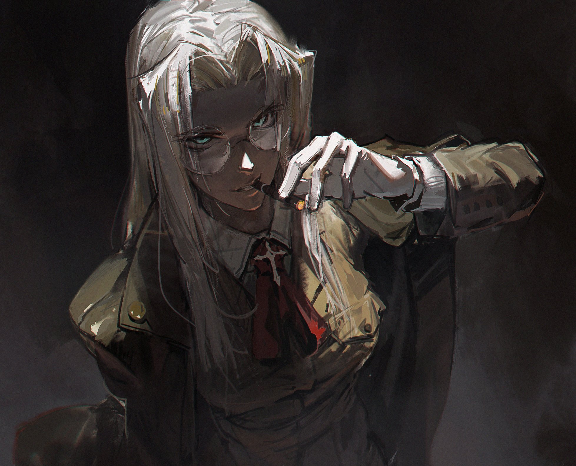 a drawing of a woman with long white hair, wearing glasses and a military uniform with a red tie. she is holding a cigarette and wearing gloves. the background is dark. the image is in an anime style.