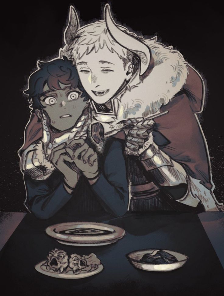 he image is a piece of digital fanart depicting a scene with two characters at a table. one character appears to be a knight or warrior in armor with horns, while the other appears more human and is looking scared or worried.  the knight has a benevolent yet slightly unsettling expression, and is feeding the other person. the table has several plates of food, including what seems to be a plate with some small skulllike objects. the overall mood and style are dark, gothic, and mysterious, hinting at a fantastical or suspenseful narrative. the artistic style is a blend of dark tones and sketchy lines, giving it a somewhat rough and expressive quality.