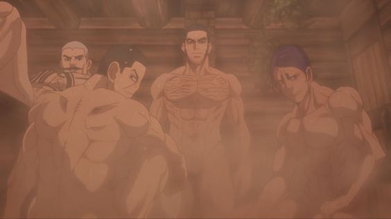 a screenshot from an anime showing five shirtless muscular men in a bathhouse full of steam. the scene is dimly lit, emphasizing the steam and figures of the men.