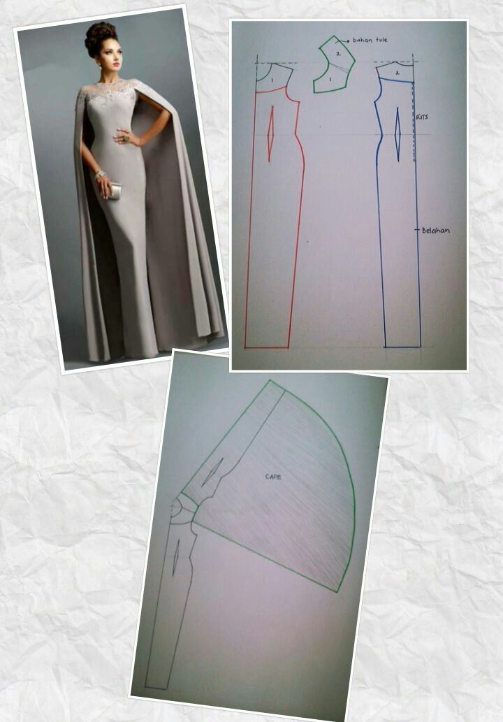 the image shows a dress design with an accompanying cape pattern. there's a photo of a woman wearing the designed dress with a long cape. next to the photo are sketches and patterns of the dress and cape design, indicating instructions or the steps of creating the dress design from the image. the pattern has a tulle overlay.