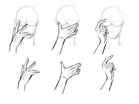 the image contains six different drawings of hands in various poses.  each hand is sketched simply, with clean lines emphasizing the form and movement of the hand. three of the drawings show hands interacting with a stylized head,  covering the face, touching the side of the face, or touching the forehead. the other three drawings showcase isolated hands in different poses, demonstrating various hand positions and gestures.  the style is consistent throughout, lending itself to a tutoriallike feel for learning how to draw hands.