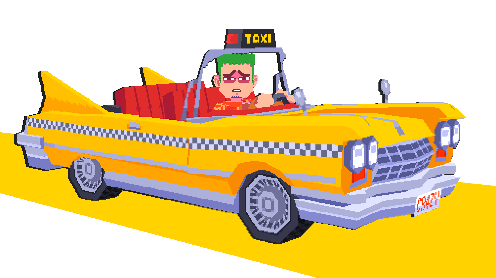 a pixel art image of a retrostyle taxi driving on a bright yellow road against a white background. the taxi is yellow with a black and white checkered stripe and a "taxi" sign on the roof. the driver is a man with green hair, a red shirt, and an angry expression. the image has a retro video game aesthetic.