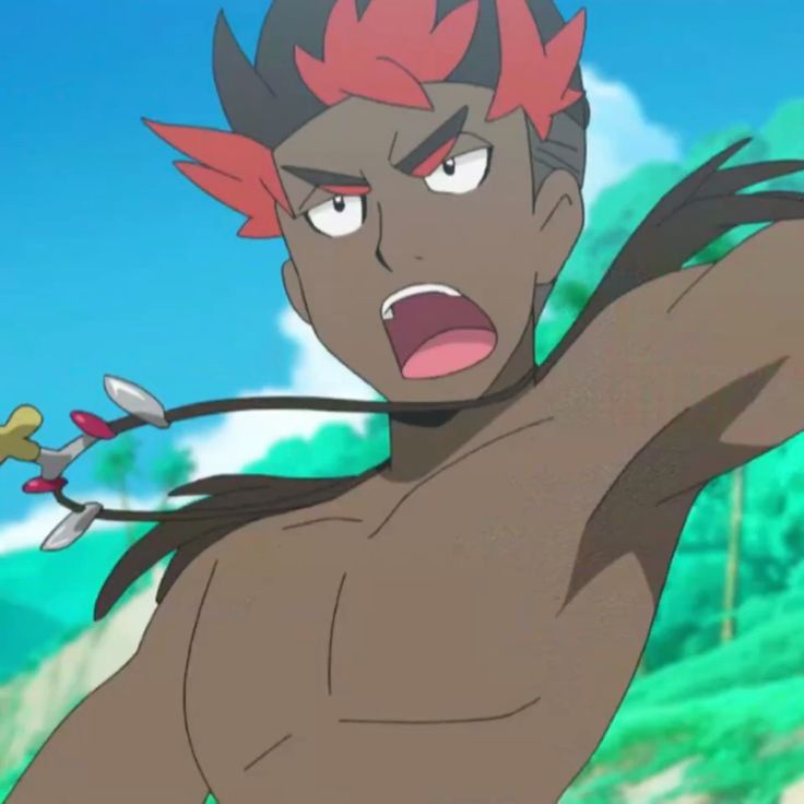 a cartoon image of a young man from an anime with red hair and a black necklace.  he is shirtless and has a muscular chest, his mouth is open and he appears to be angry. he is facing right and only his upper torso and head are visible.  there is an out of focus tropical background.