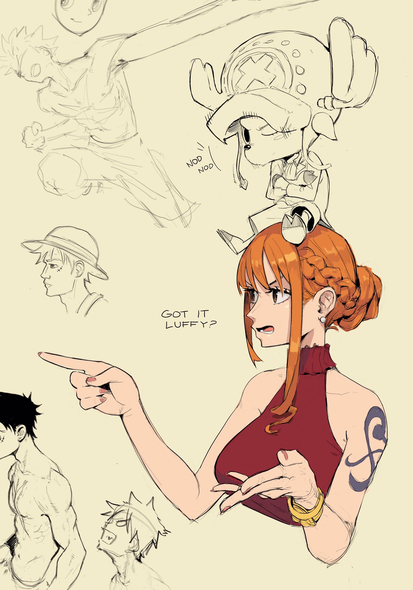 this is a digital drawing of nami from one piece. she's wearing a red halterneck dress and has her signature orange hair.  she's pointing with one hand and gesturing with the other, and has an assertive expression.  in the background are sketches of luffy, chopper, and other one piece characters, indicating this is fanart created by an artist who is clearly familiar with the show's style. the style of the drawing is loose and expressive, characteristic of concept art or a quick sketch.  text within the image includes "got it luffy?" and "nod nod" adding to the dynamic feel of the scene.