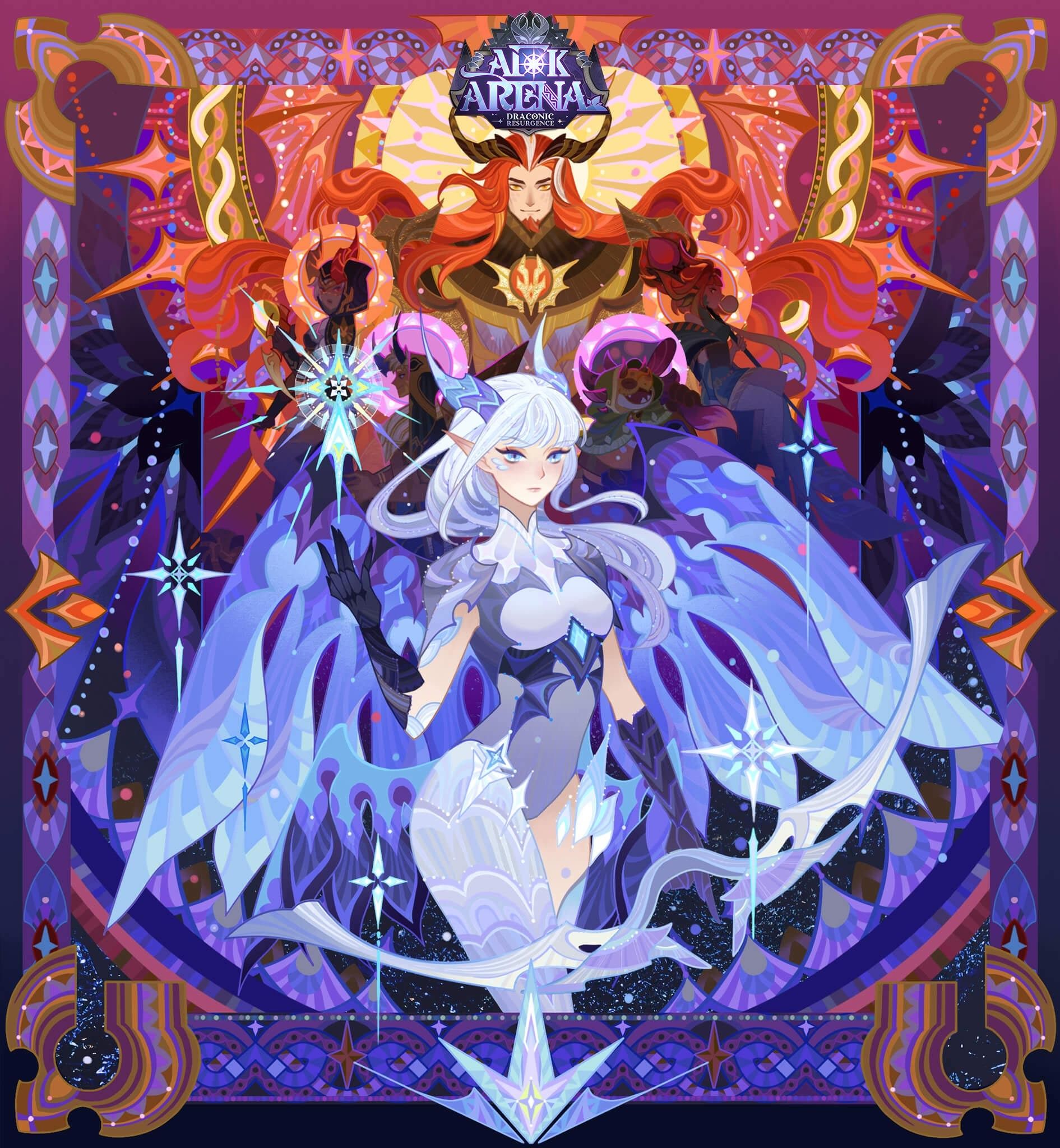 the illustration showcases characters from the mobile game "afk arena," set against a vibrant celestial background. the central figure is a whitehaired, bluewinged angel with a determined expression, holding a crystal staff. the angel is adorned in an elaborate outfit featuring shades of blue, purple, and white. behind the angel, depicted smaller in size, is a powerful warrior with fiery red hair and golden armor, possibly representing a deity or a king. flanking the warrior on both sides are two additional figures with darker complexions, barely visible, hinting at their supporting roles. the background features intricate patterns, glowing stars, and abstract shapes, all contributing to the celestial and magical atmosphere.