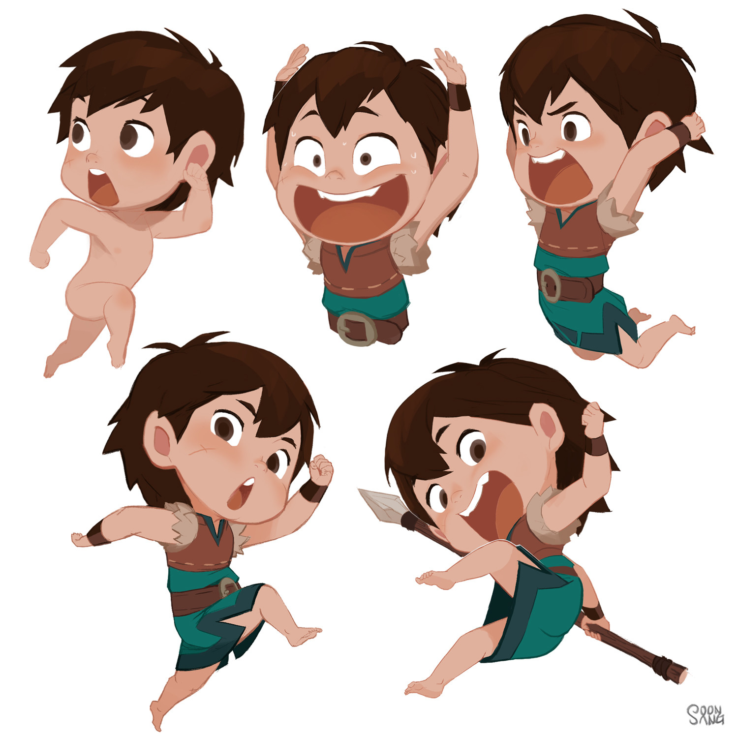 five drawings of the same cartoon boy character in various states of excitement with different facial expressions and poses. he is wearing a green tunic and brown armbands. he has brown hair and is barefoot. one drawing shows him holding a spear.