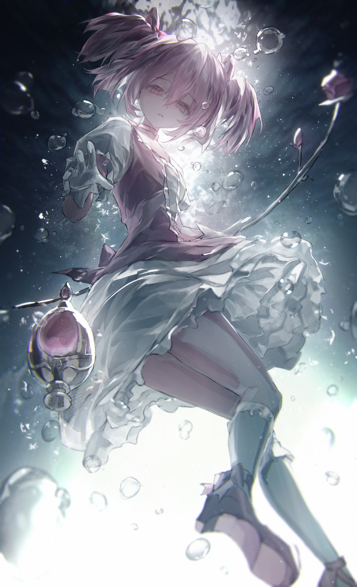 an animestyle illustration of a pinkhaired girl, likely madoka kaname, underwater with bubbles around her. she wears a white and pink dress, has pink eyes, and her hair is styled in pigtails. her soul gem floats nearby, and a rose on a stem is also present in the water. she appears to be falling or floating downwards towards a bright light.