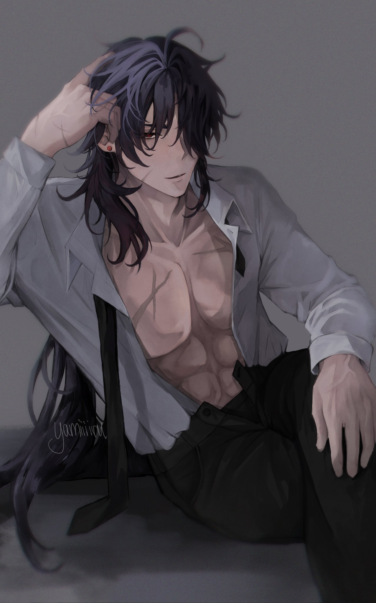 a handsome anime man with purple hair is sitting with his shirt open, showing off his muscular chest and abs.  he has a relaxed and casual expression on his face as he looks away from the viewer. the lighting is soft and the colors are muted, giving the image a dreamlike quality.
