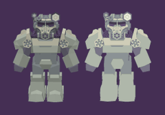 two nearly identical low poly 3d models of a soldier wearing power armor are positioned against a purple background. the model on the left has slightly darker shading.