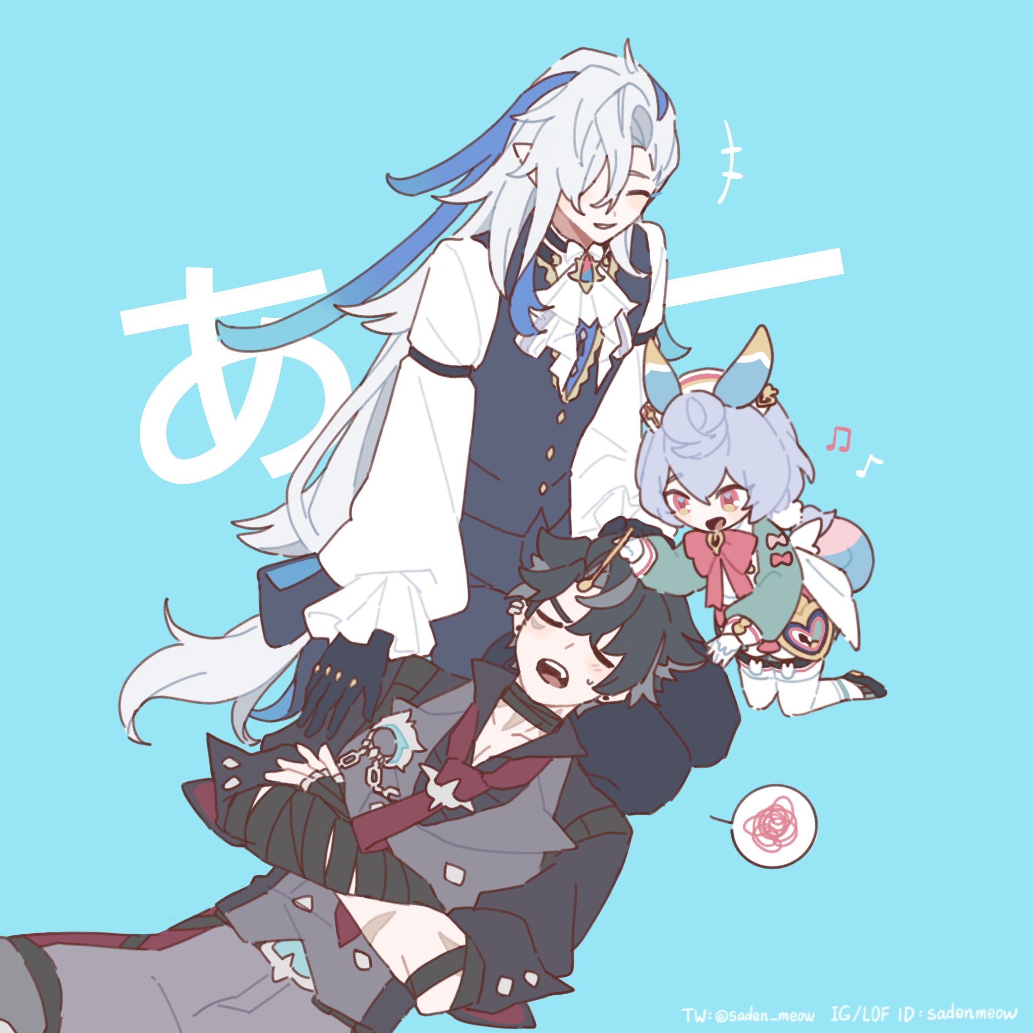 his is a digital fanart depicting three genshin impact characters: albedo, scaramouche, and kokomi.  albedo is standing, his long white hair flowing behind him, gently resting his hand on scaramouche, who is lying down asleep. kokomi, in a smaller chibi style, is sitting near scaramouche’s head, appearing cheerful. the art style is soft and pastelcolored, with a lighthearted and affectionate tone. the background is a simple light blue. there's a japanesestyle text element in the upper left corner. the overall mood is peaceful and sweet.  the artist's watermark is subtly present in the bottom right.