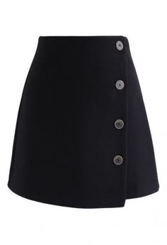 a black mini skirt with a side button closure. the skirt is aline and hits above the knee. it is made of a smooth, lightweight fabric and would be perfect for a casual or dressedup look.  the simple design is classic and elegant, and the skirt is versatile enough to be styled with a variety of tops.  the side buttons add a touch of detail and make it easy to adjust the fit.