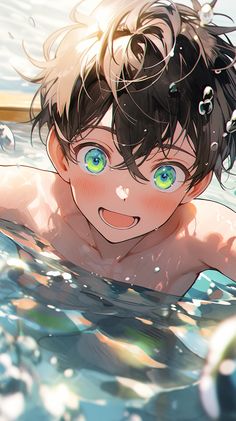 a closeup illustration of an anime boy with dark hair and bright green eyes swimming in a pool. he has a cheerful expression with rosy cheeks, suggesting he's enjoying a sunny day.  the water around him is a bright turquoise, reflecting the sunlight. the style of the drawing is typical of anime and manga, with exaggerated features and vibrant colors.