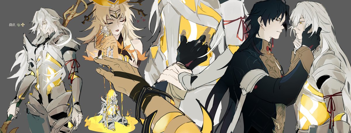 this is a digital illustration depicting two male anime characters. the character on the left is wearing a black shirt and a yellow scarf. the character on the right is wearing white and yellow armor, and their white hair is flowing. they are hugging each other, their arms intertwined, and looking lovingly into each other's eyes. the drawing style is expressive and detailed, and the overall mood is tender and affectionate.